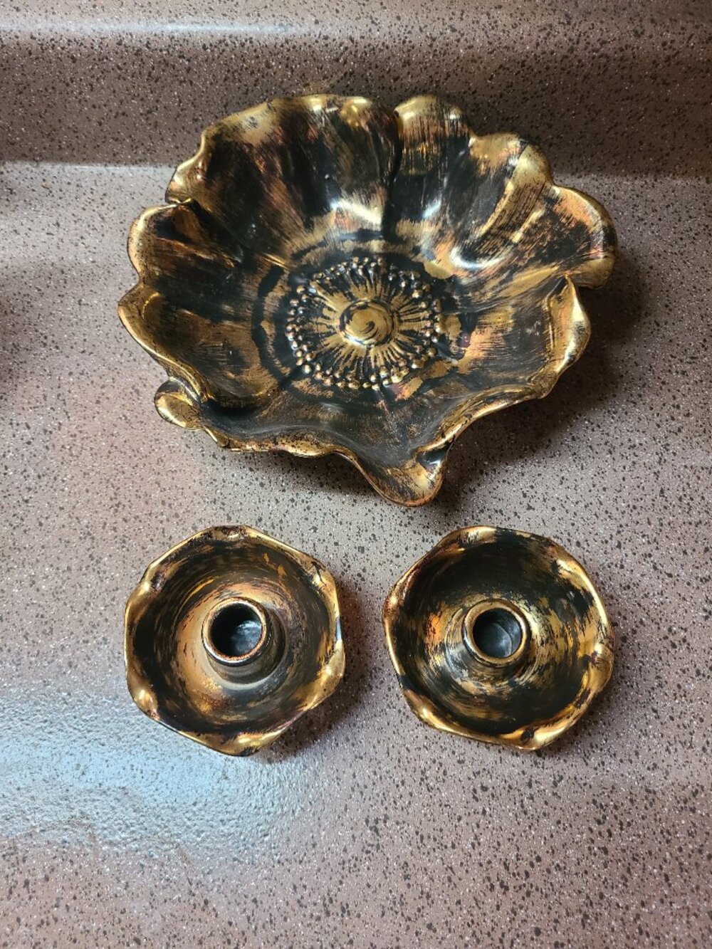 Vintage Stangl Pottery Black & Gold Bowl & 2 Candle Holders 24kt